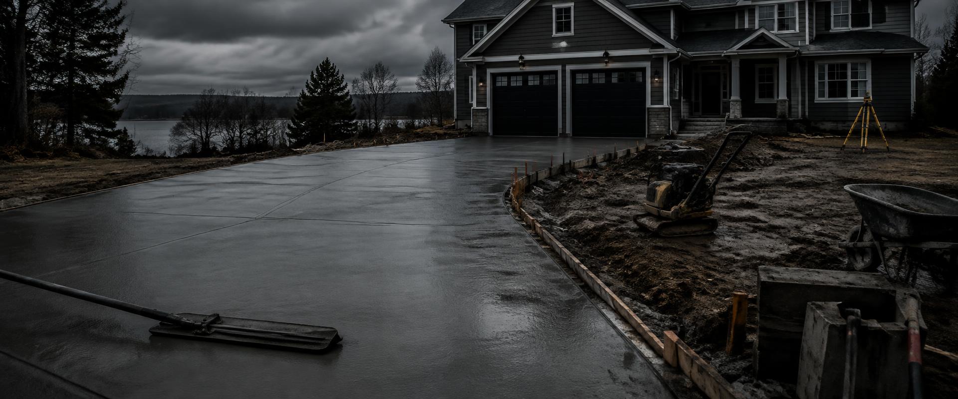 Freshly poured concrete driveway at a New England home