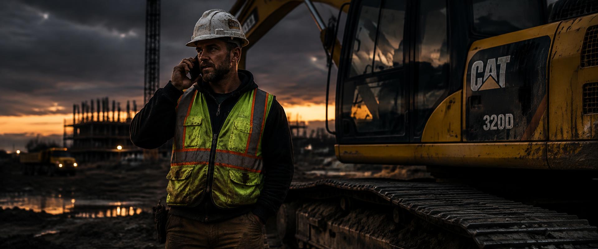 Contractor on the phone next to an excavator